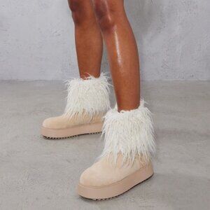 Winter Faux Fur Y2K Ankle Bootie Preppy Cream Suede Non Slip PrettyLittleThing 9